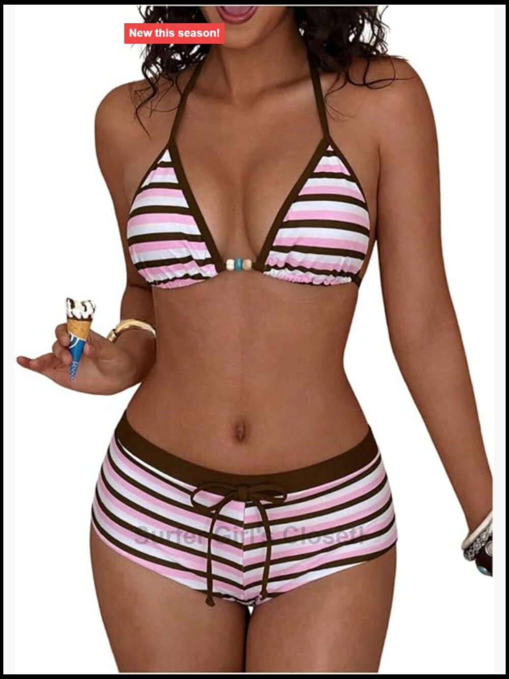 Striped Triangle Halter Bikini Set With Boyshorts